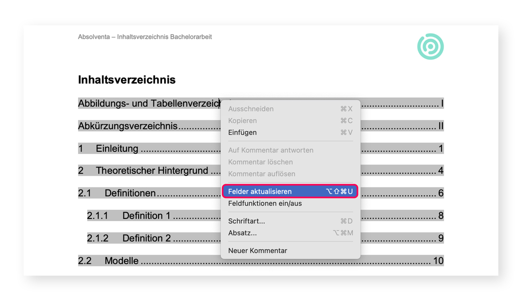 Inhaltsverzeichnis in Word aktualisieren