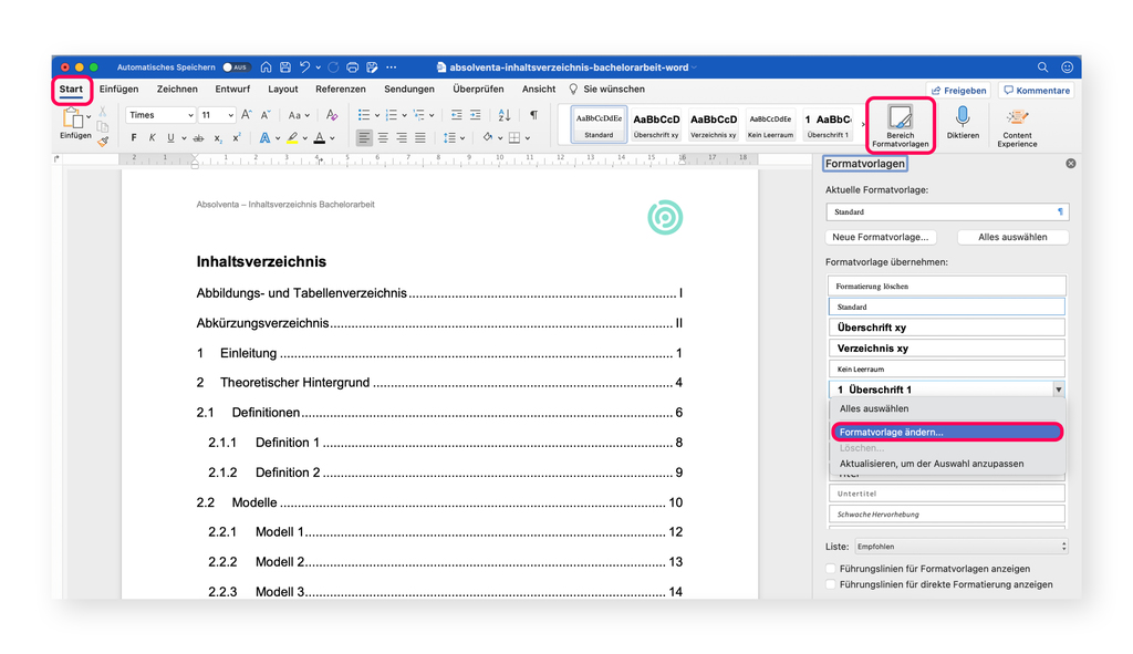 Formatvorlage für eine Überschrift in Word ändern