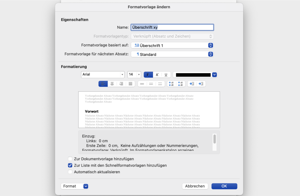 Vorlage für eine Überschrift in Word erstellen