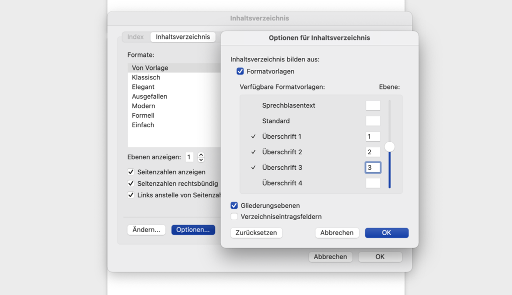 Optionen für ein Inhaltsverzeichnis in Word