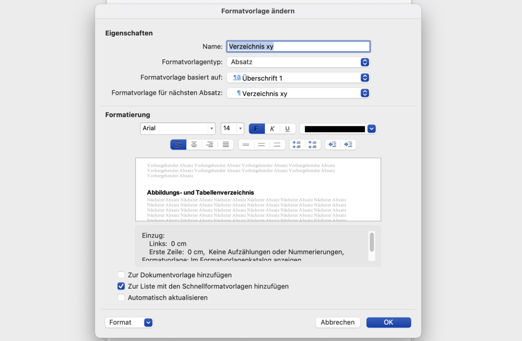 Vorlage für eine Verzeichnisüberschrift in Word erstellen