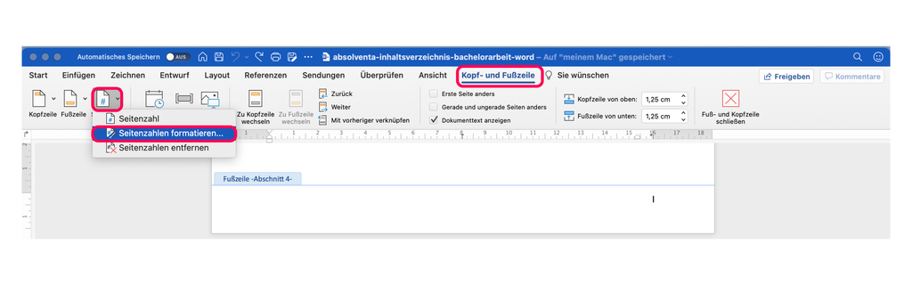 Seitenzahl formatieren in Word