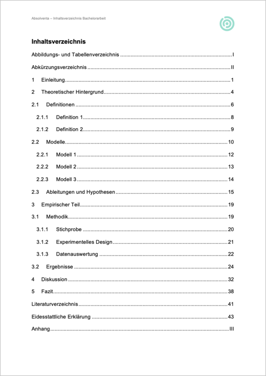 Beispiel für ein Inhaltsverzeichnis einer Bachelorarbeit