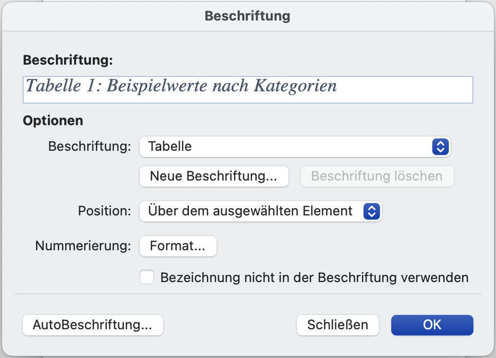 Optionen für die Beschriftung einer Tabelle