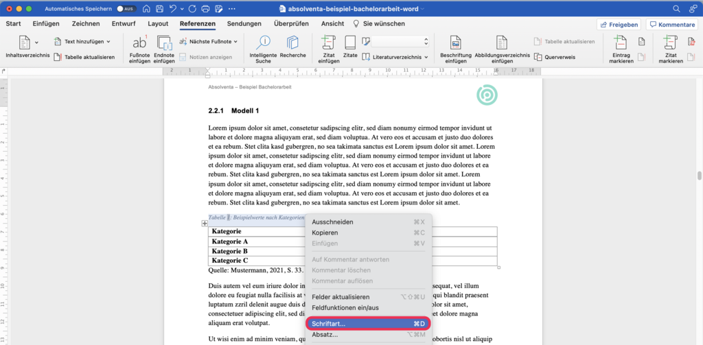 Schrift der Tabellenbeschreibung formatieren