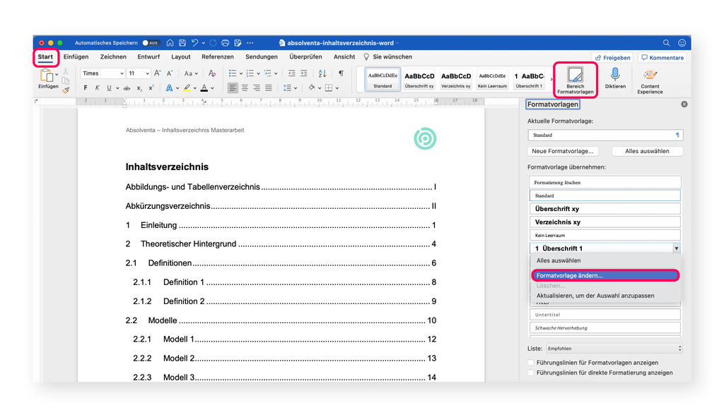 Für das Masterarbeit-Inhaltsverzeichnis die Formatvorlage einer Überschrift ändern